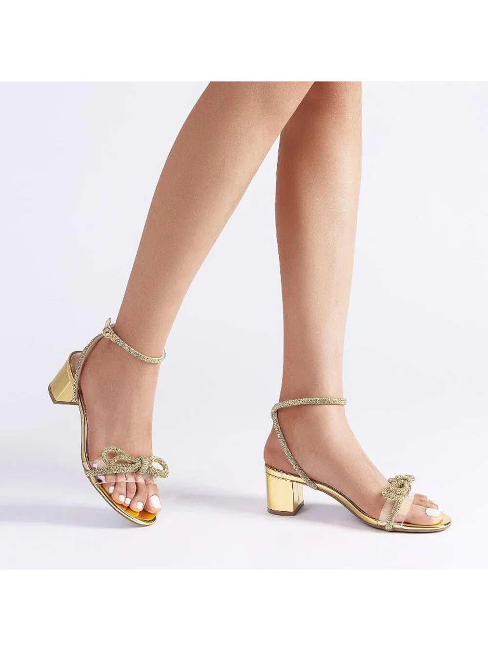 Dream Pairs Women's Gold Open Toe Rhinestone Double Bow Chunky Sandals